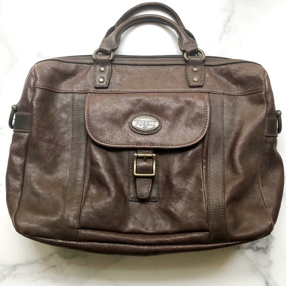 Fossil Brown Leather Briefcase Messenger Travel Crossbody Bag Double handles - Picture 1 of 15